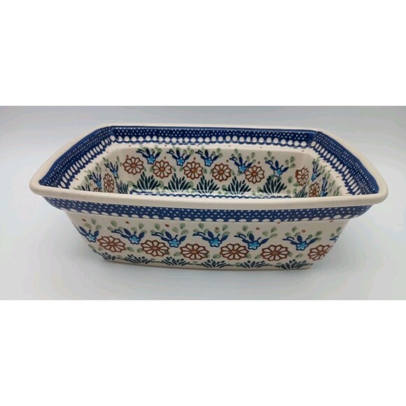 Boleslawiec Polish Pottery Blue White Floral Rectangular Dish 10 x 7.5 inches - Picture 1 of 7